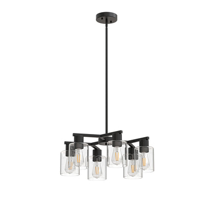 YANSUN 6-Light Branch Chandelier, Y-Shaped Design, Matte Black Finish, Clear Glass Shades, Adjustable Hanging Rods