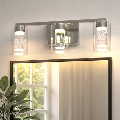 YANSUN 3-Light Nickel LED Vanity Light Fixture with Clear Glass Shade and LED Crystal Bulbs 3000-6000K, Dimmable Color