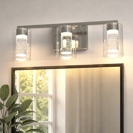 YANSUN 3-Light Nickel LED Vanity Light Fixture with Clear Glass Shade and LED Crystal Bulbs 3000-6000K, Dimmable Color