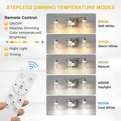 YANSUN 3-Light Nickel LED Vanity Light Fixture with Clear Glass Shade and LED Crystal Bulbs 3000-6000K, Dimmable Color