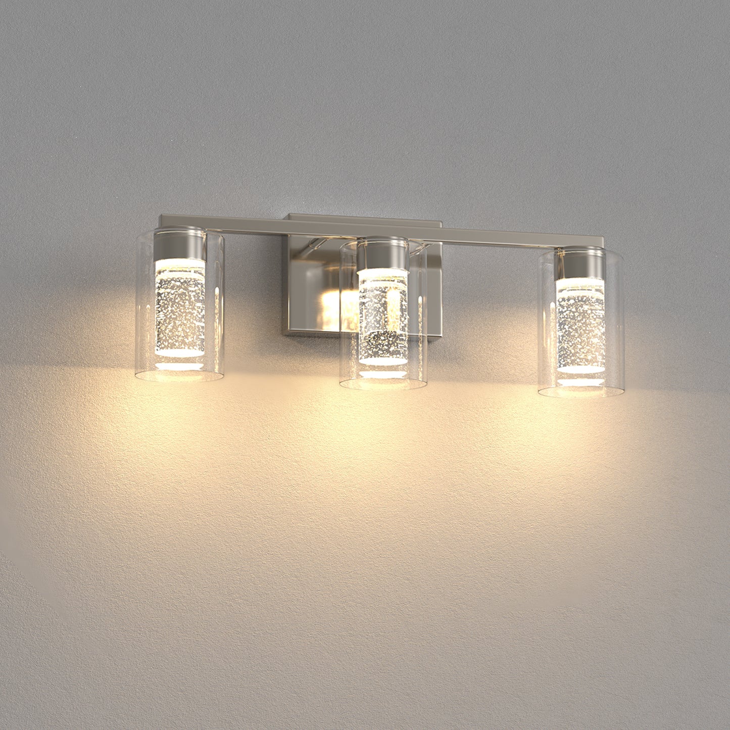 YANSUN 3-Light Nickel LED Vanity Light Fixture with Clear Glass Shade and LED Crystal Bulbs 3000-6000K, Dimmable Color