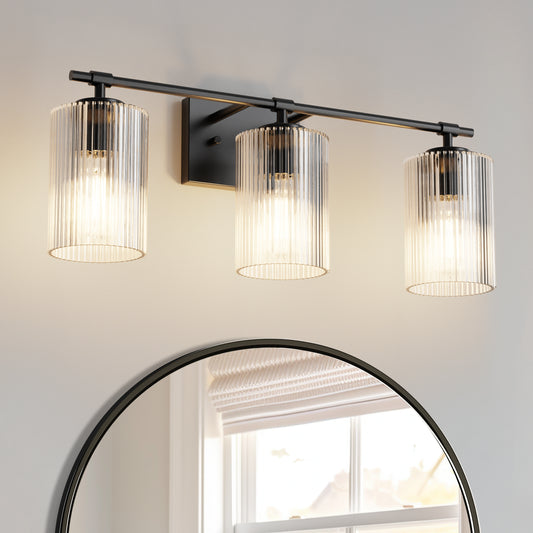 YANSUN 23.6 in. 3 Light Black Vanity Light with Striped Milky White Cylindrical Shade and Trumpet Sockets for Bathroom E26 Base