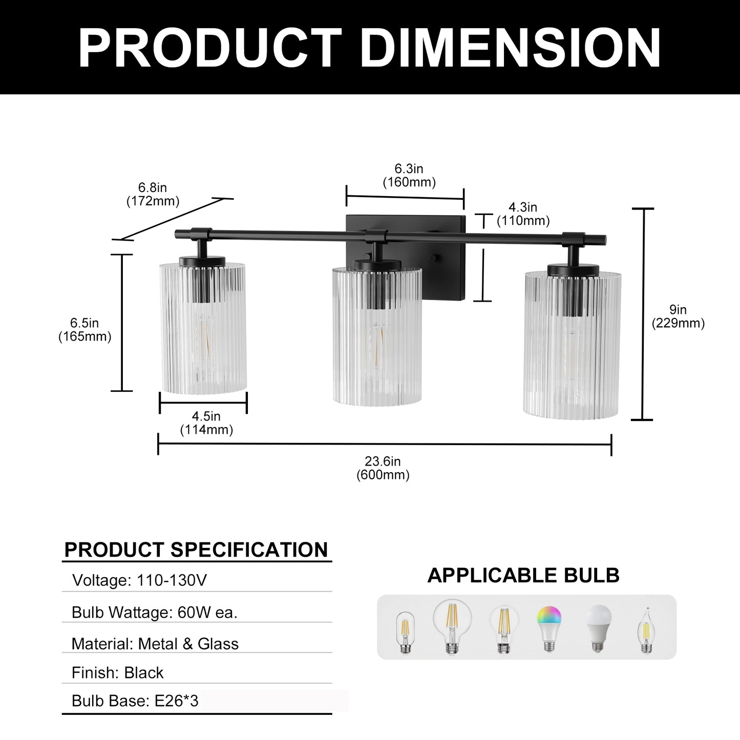 YANSUN 23.6 in. 3 Light Black Vanity Light with Striped Milky White Cylindrical Shade and Trumpet Sockets for Bathroom E26 Base