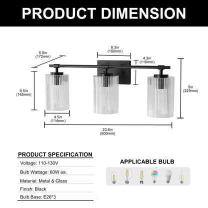 YANSUN 23.6 in. 3 Light Black Vanity Light with Striped Milky White Cylindrical Shade and Trumpet Sockets for Bathroom E26 Base