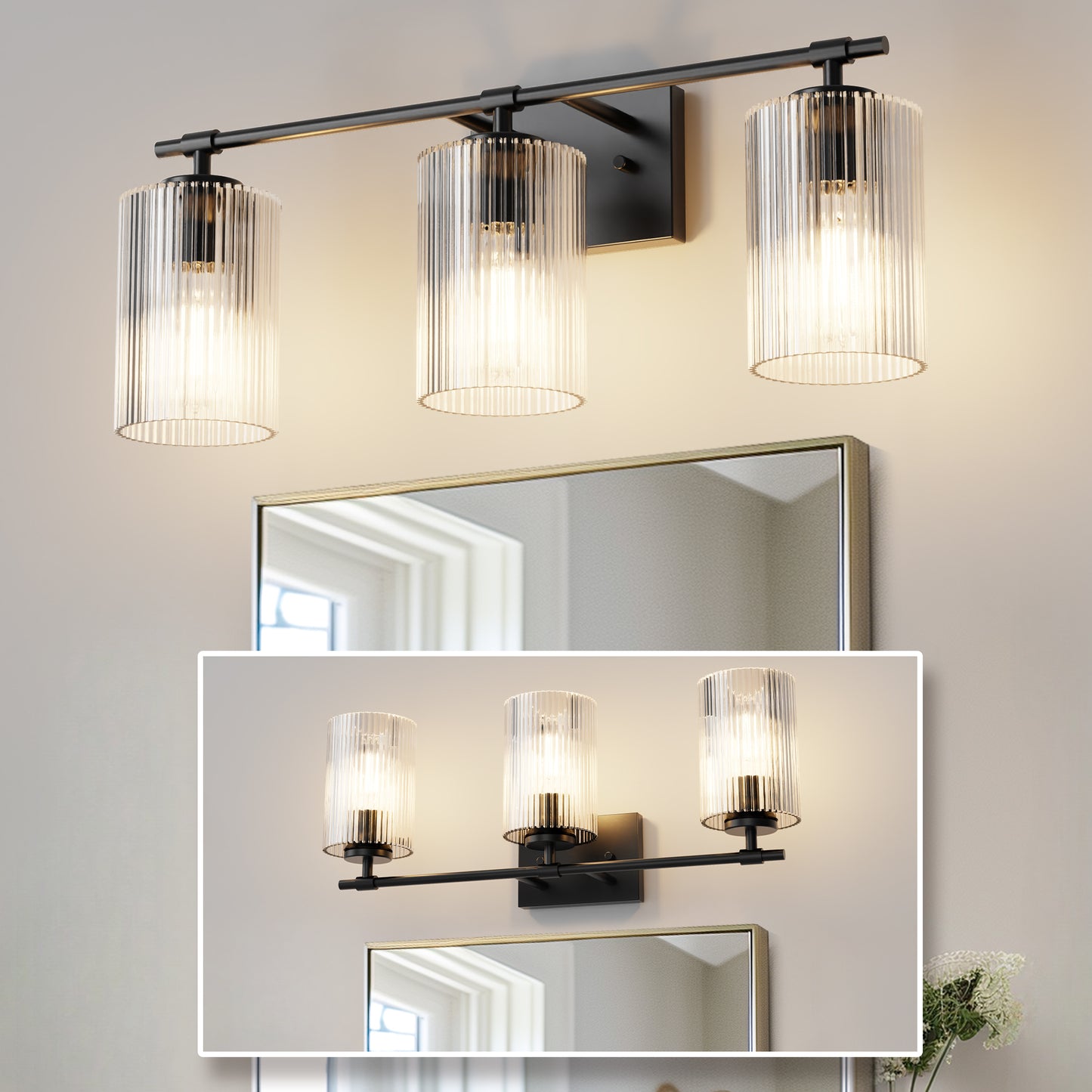YANSUN 23.6 in. 3 Light Black Vanity Light with Striped Milky White Cylindrical Shade and Trumpet Sockets for Bathroom E26 Base
