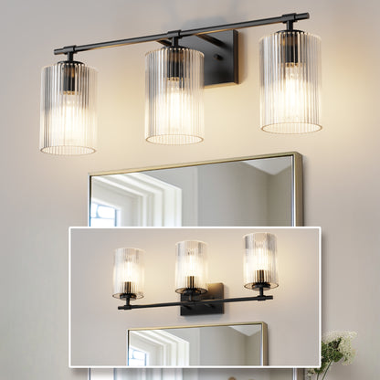 YANSUN 23.6 in. 3 Light Black Vanity Light with Striped Milky White Cylindrical Shade and Trumpet Sockets for Bathroom E26 Base