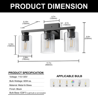 18 in. 3-Light Black Vanity Light with Clear Glass Shades for Bathroom