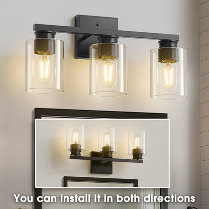 18 in. 3-Light Black Vanity Light with Clear Glass Shades for Bathroom