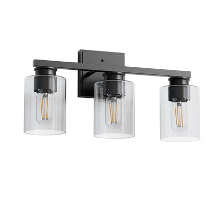 18 in. 3-Light Black Vanity Light with Clear Glass Shades for Bathroom