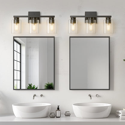 18 in. 3-Light Black Vanity Light with Clear Glass Shades for Bathroom