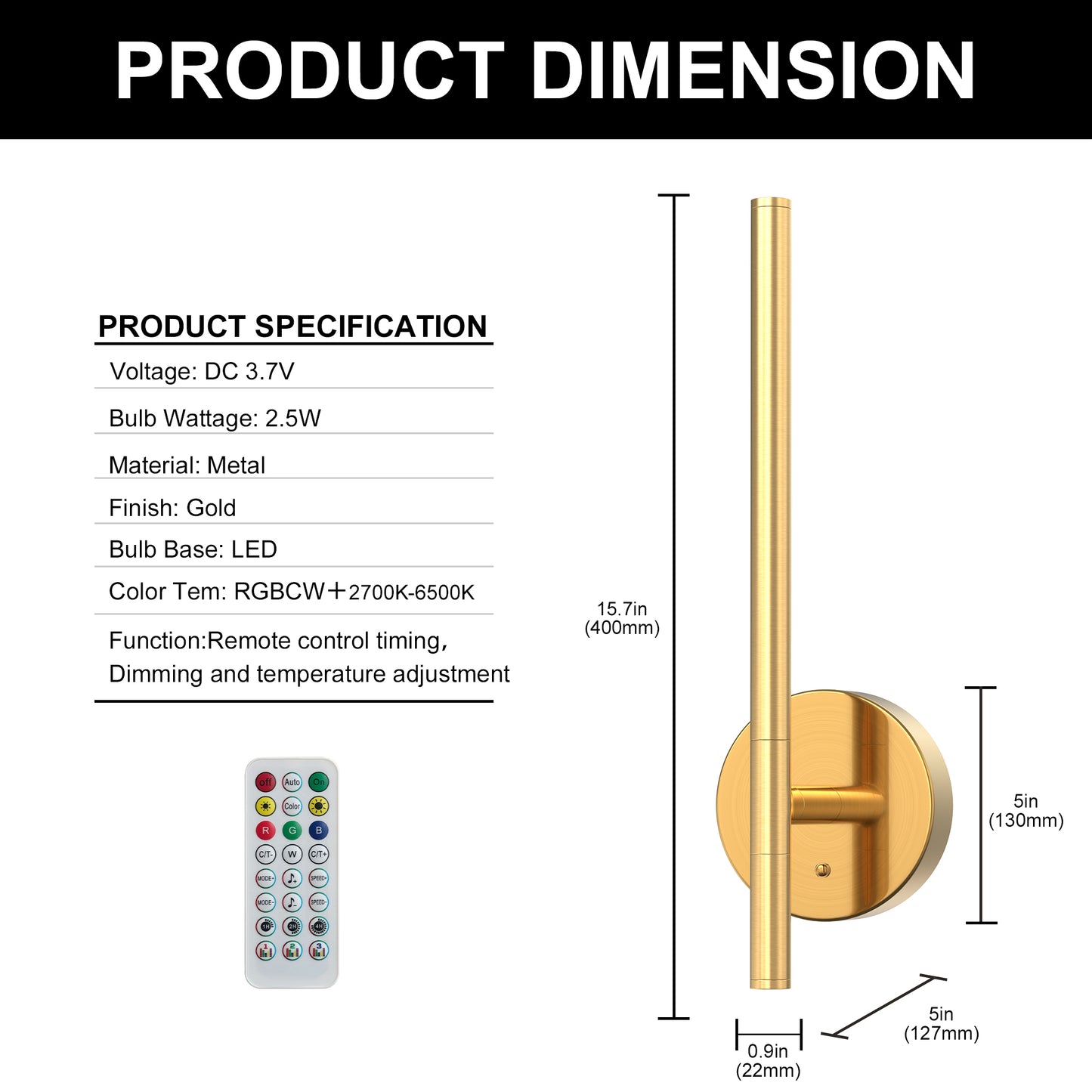 YANSUN 2-Pack 5W LED Wall Light, RGB + CW, Metal Electroplated Copper, 40cm, USB Type-C, Remote Control, APP & Timer Function