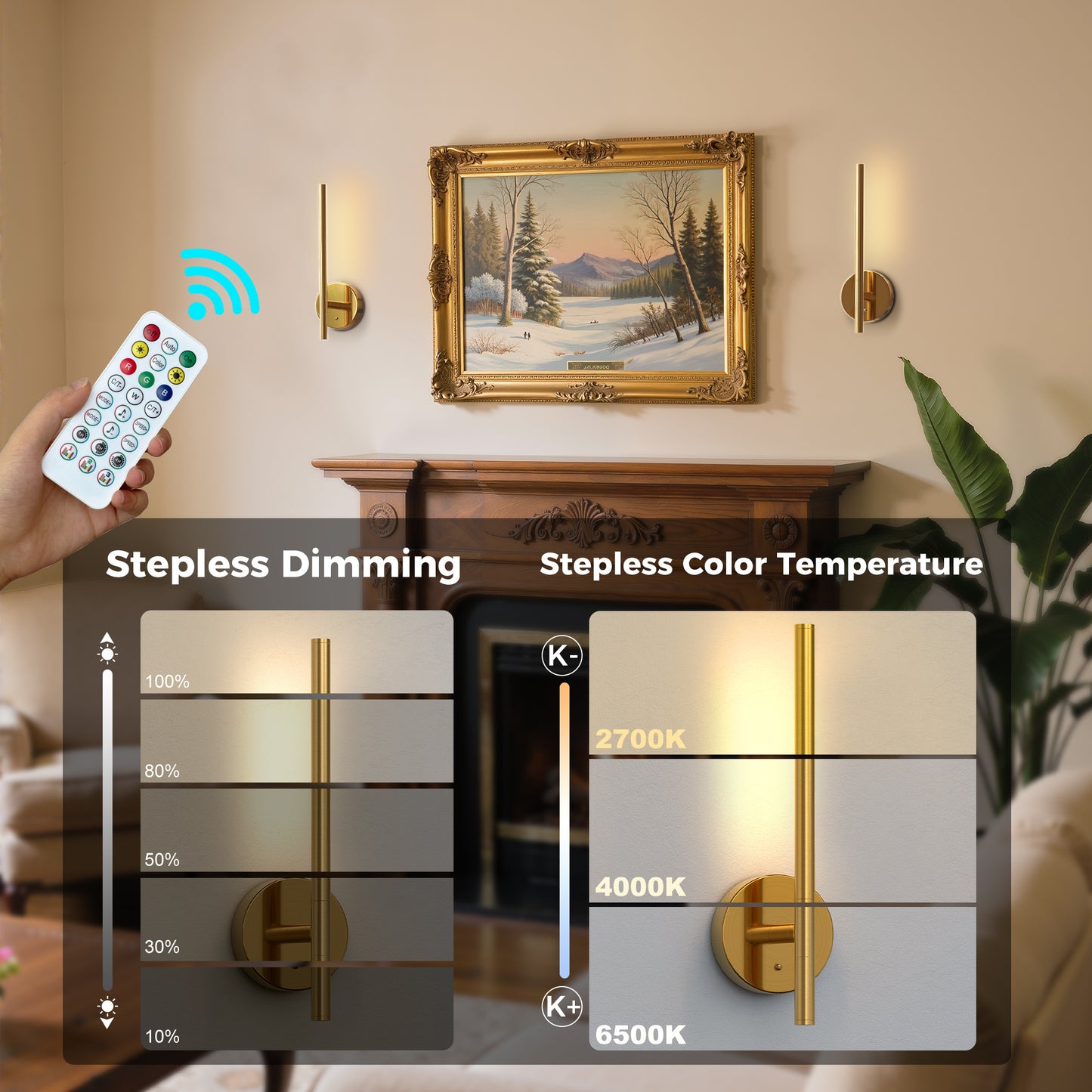 YANSUN 2-Pack 5W LED Wall Light, RGB + CW, Metal Electroplated Copper, 40cm, USB Type-C, Remote Control, APP & Timer Function