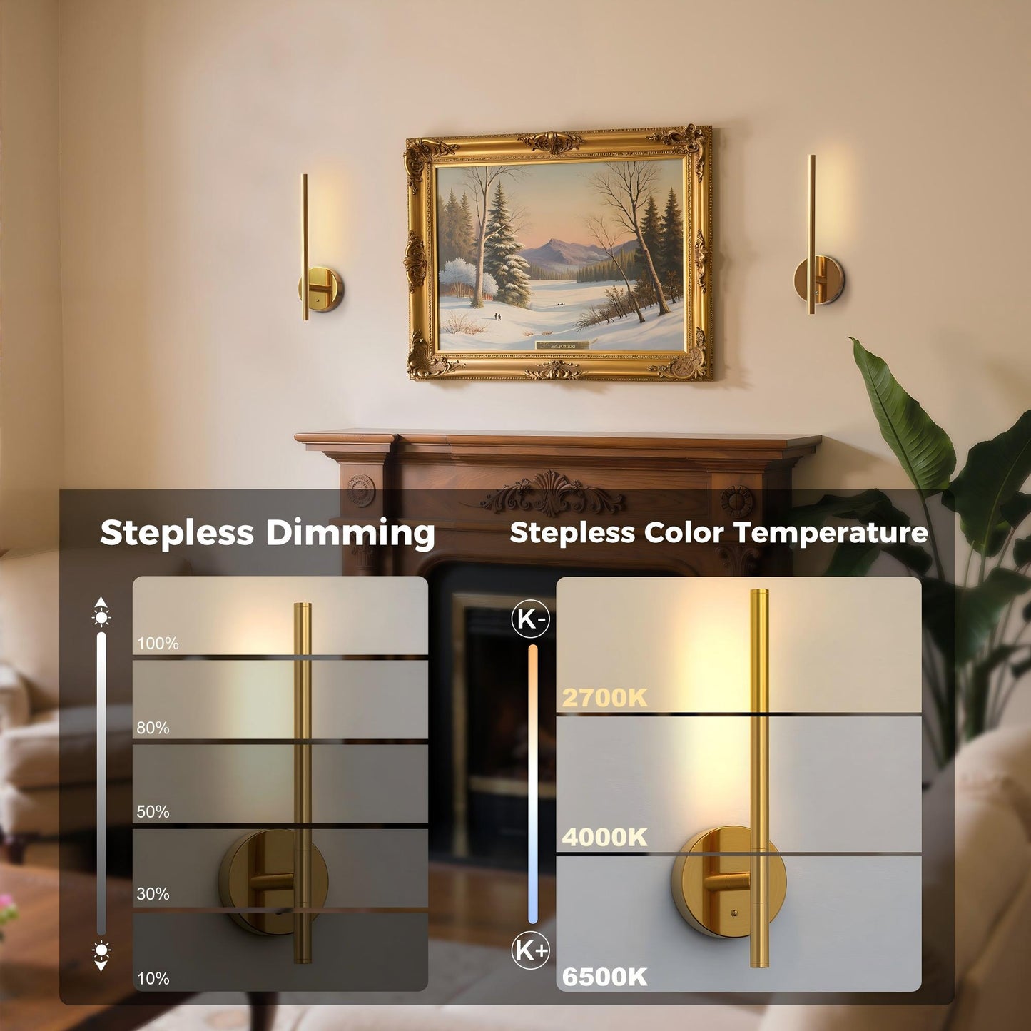 YANSUN 2-Pack 5W LED Wall Light, RGB + CW, Metal Electroplated Copper, 40cm, USB Type-C, Remote Control, APP & Timer Function