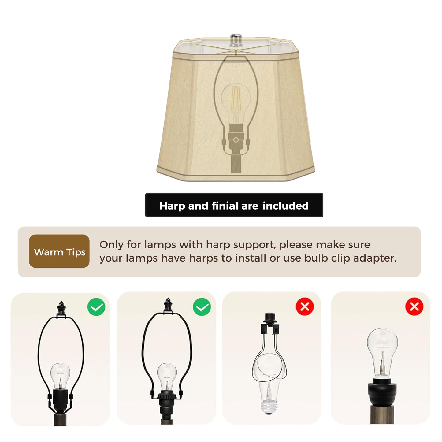 YANSUN Set of 2 10.6 in. H Gold Metal and Fabric Polygon Cone Lamp Shade with Uno Fitter