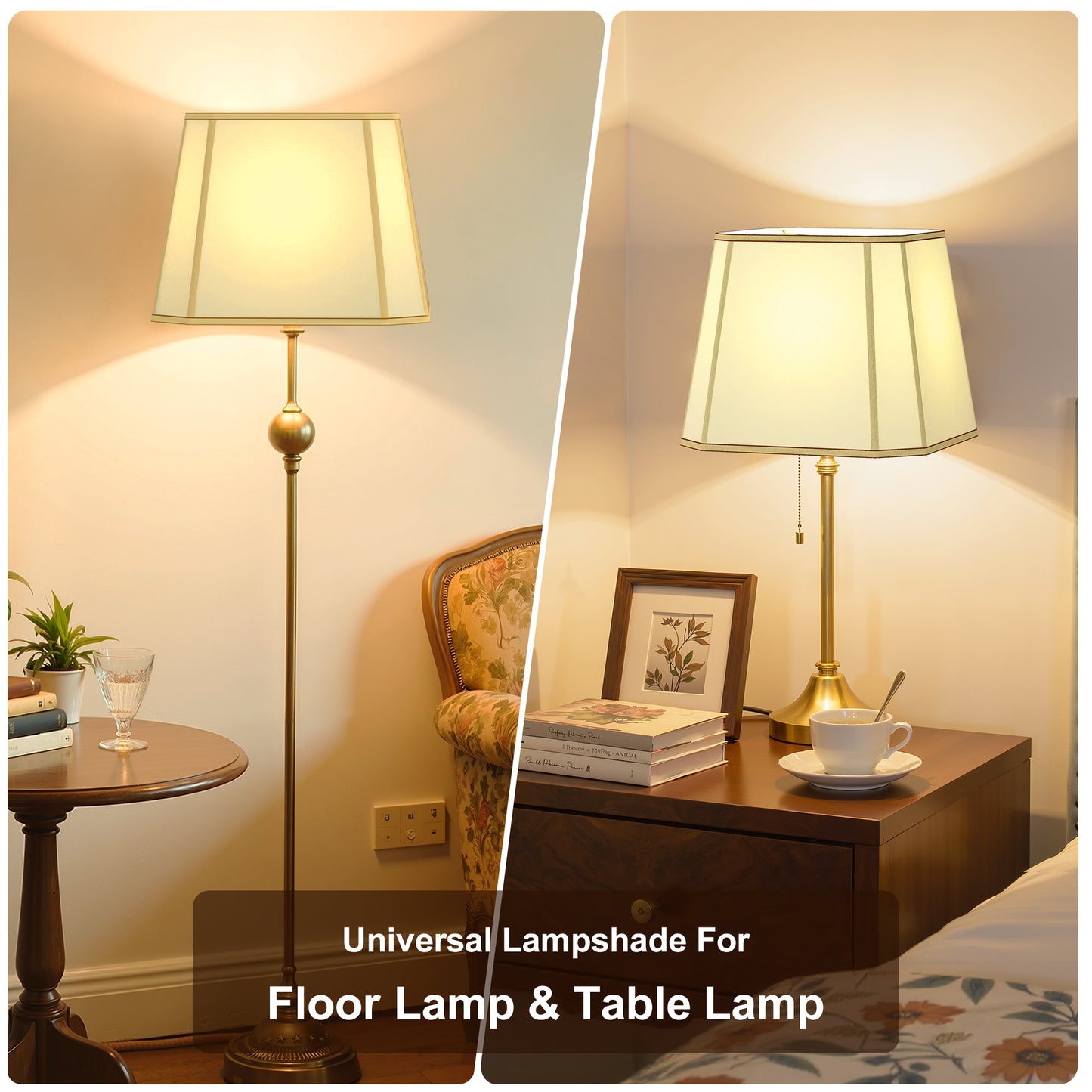 YANSUN Set of 2 10.6 in. H Gold Metal and Fabric Polygon Cone Lamp Shade with Uno Fitter