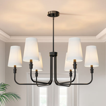 33.8 in. 6-Light Black Farmhouse Chandelier with White Linen Shades for Budget Homes