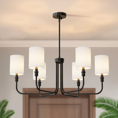 33 in. 6-Light Black Farmhouse Chandelier with White Linen Shades for Budget Homes