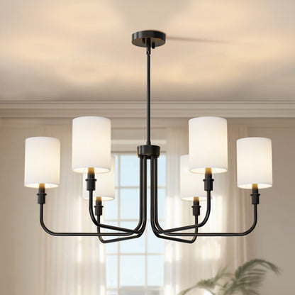 33 in. 6-Light Black Farmhouse Chandelier with White Linen Shades for Budget Homes