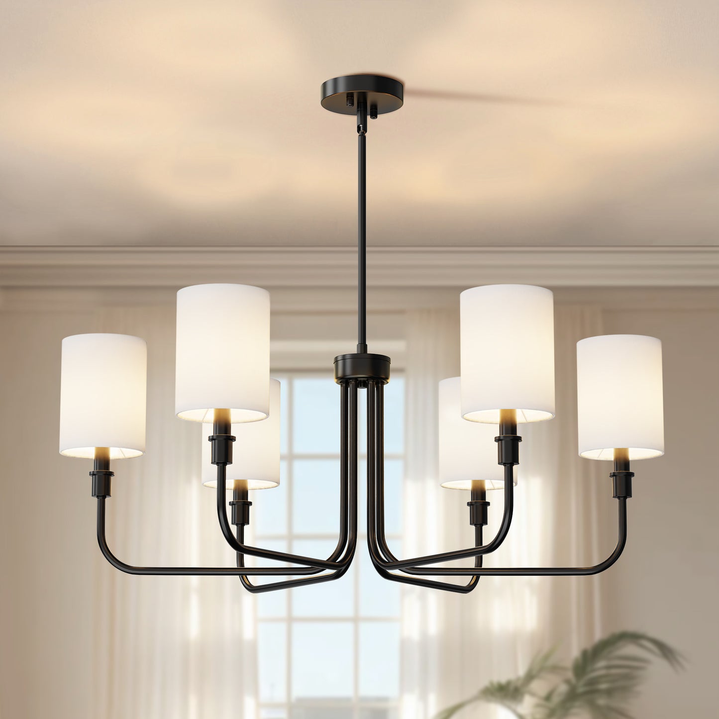 YANSUN 6-Light Black Metal Traditional Chandelier - Simple Linear Arms & Cylindrical Fabric Shades, E12 Base (Bulbs Not Included)