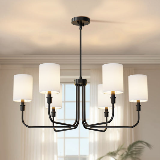 YANSUN 6-Light Black Metal Traditional Chandelier - Simple Linear Arms & Cylindrical Fabric Shades, E12 Base (Bulbs Not Included)