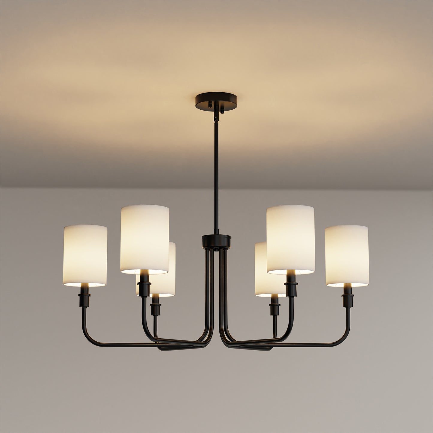 YANSUN 6-Light Black Metal Traditional Chandelier - Simple Linear Arms & Cylindrical Fabric Shades, E12 Base (Bulbs Not Included)
