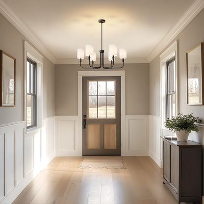 33 in. 6-Light Black Farmhouse Chandelier with White Linen Shades for Budget Homes