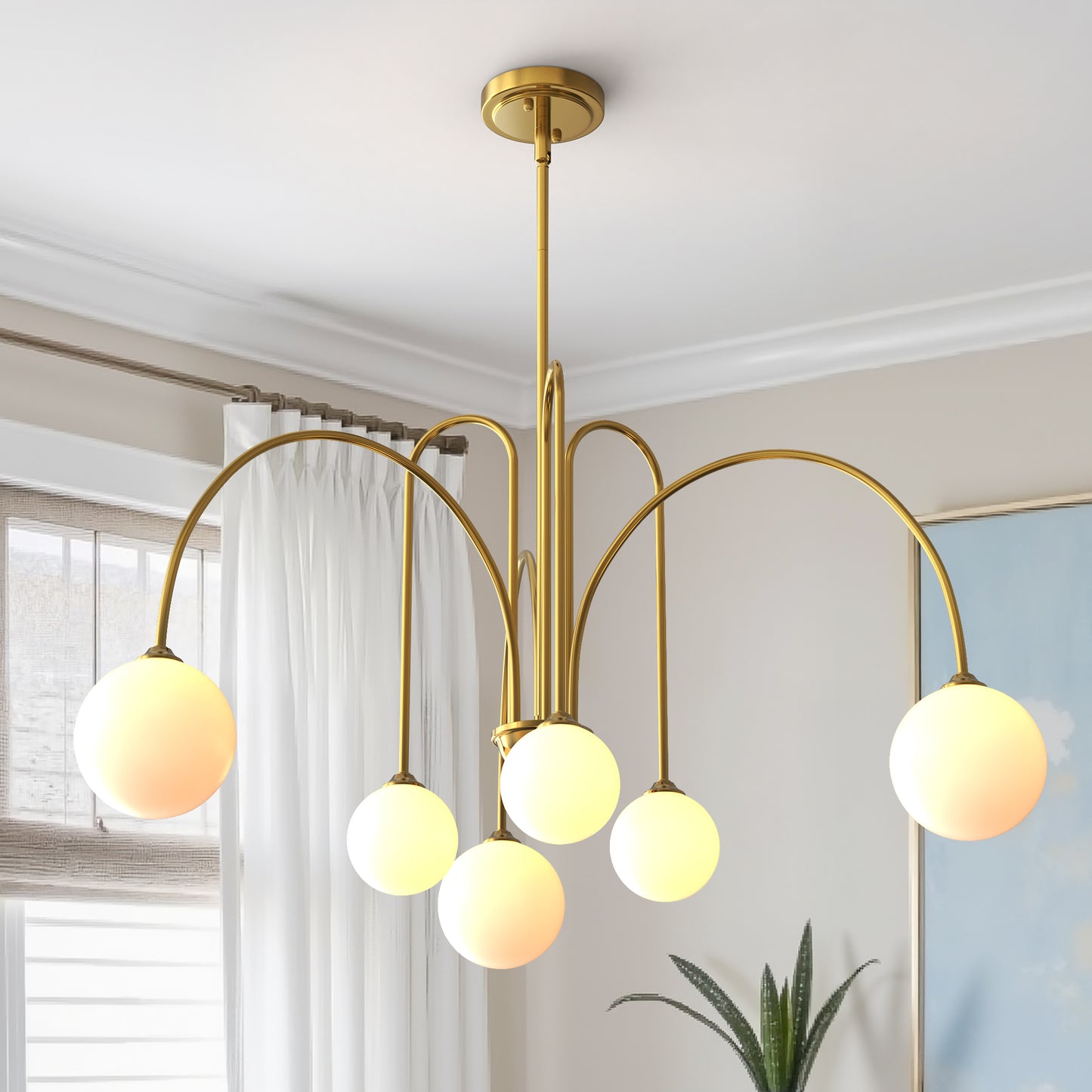 YANSUN 6-Light Chandelier with Copper-Plated Metal Finish and Milky White Glass Shades, Non-Integrated Bulbs, G9 Sockets, 1 Layer, 120V