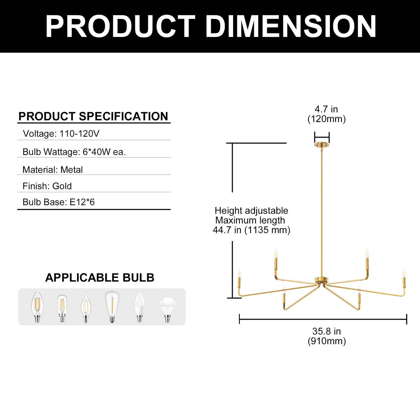 YANSUN 35.8" Modern 6-Light Gold Chandelier, Electroplated Flat Tube Branch Pendant, Mid-Century Ceiling Light for Dining Living Room, E12 Base