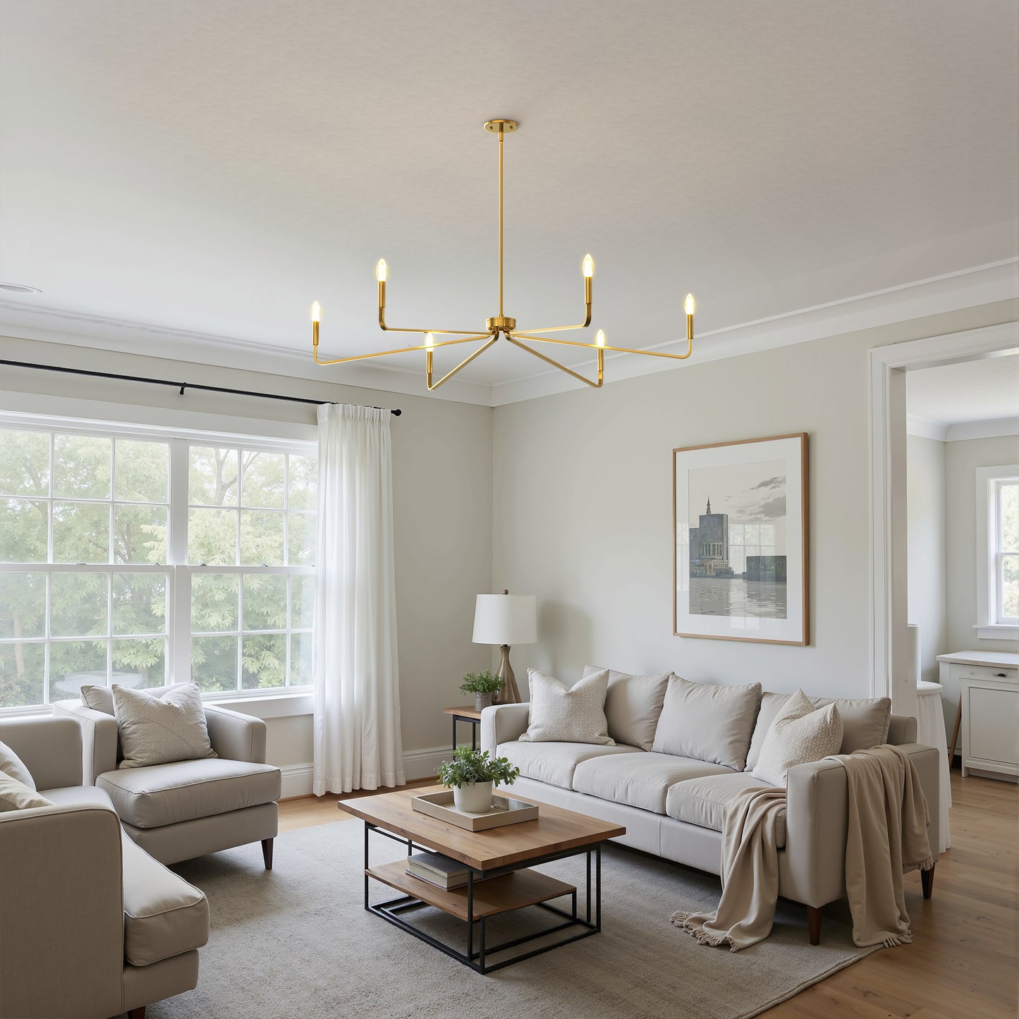 YANSUN 35.8" Modern 6-Light Gold Chandelier, Electroplated Flat Tube Branch Pendant, Mid-Century Ceiling Light for Dining Living Room, E12 Base