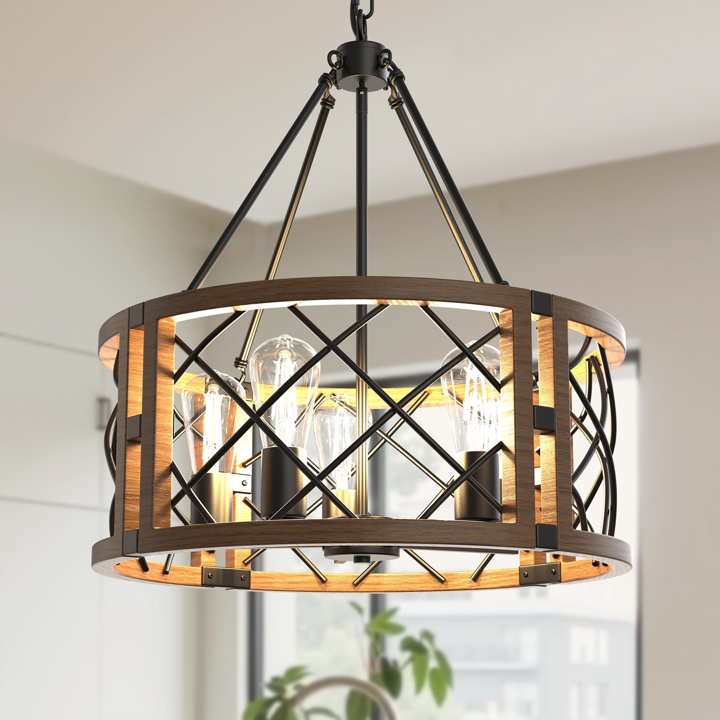 YANSUN 5-Head Drum Chandelier with Deep Brown Woodgrain Metal Finish, Non-Integrated Bulbs, E26 Sockets