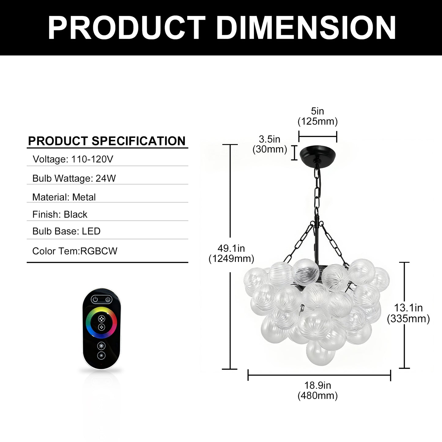 YANSUN 24W Matte Black LED Bubble Twist Chandelier with Remote Control, RGBCW Layered Decorative Pendant Light for Dining Room