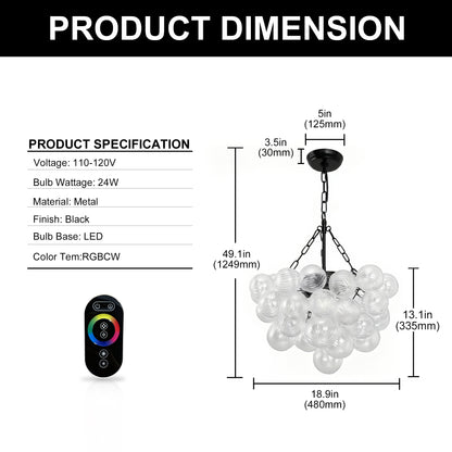 YANSUN 24W Matte Black LED Bubble Twist Chandelier with Remote Control, RGBCW Layered Decorative Pendant Light for Dining Room