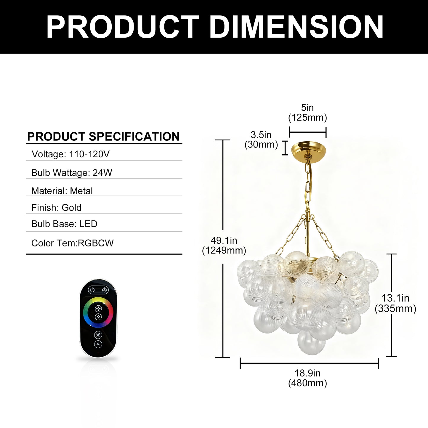 YANSUN Chandelier LED Bubble Twist Layered Pendant Light in Gold Finish with RGB/CW Dimming, 24W