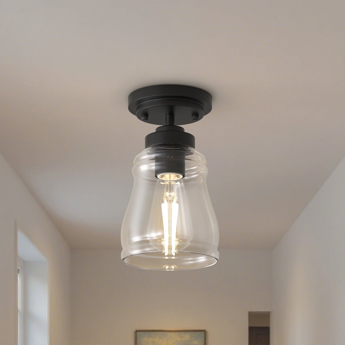 YANSUN 5 in. 1-Light Black Metal Semi Flush Mount Ceiling Light with Bell Glass Shade, Farmhouse Light for Bedroom, Hallway