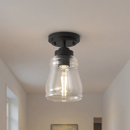YANSUN 5 in. 1-Light Black Metal Semi Flush Mount Ceiling Light with Bell Glass Shade, Farmhouse Light for Bedroom, Hallway
