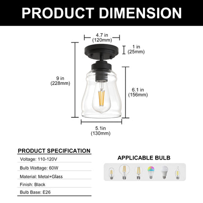 YANSUN 5 in. 1-Light Black Metal Semi Flush Mount Ceiling Light with Bell Glass Shade, Farmhouse Light for Bedroom, Hallway