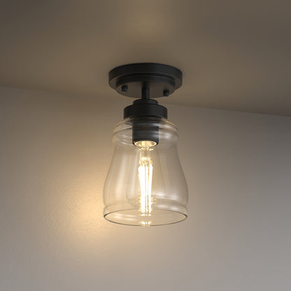YANSUN 5 in. 1-Light Black Metal Semi Flush Mount Ceiling Light with Bell Glass Shade, Farmhouse Light for Bedroom, Hallway