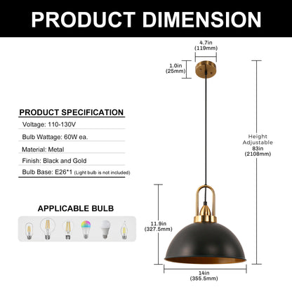 14 in. 1-Light Matte Black Farmhouse Pendant Light Hanging Industrial Ceiling Lights Fixture for Kitchen Island (2-Pack)