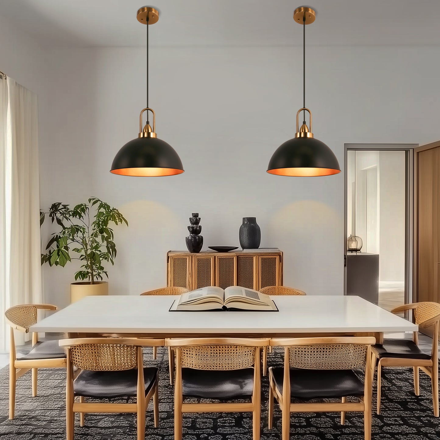 YANSUN 14 in. (2-Pack) 1-Light Farmhouse Black and Gold Pendant Lights with Bowl Shade E26 for Kitchen Island No Bulbs Included