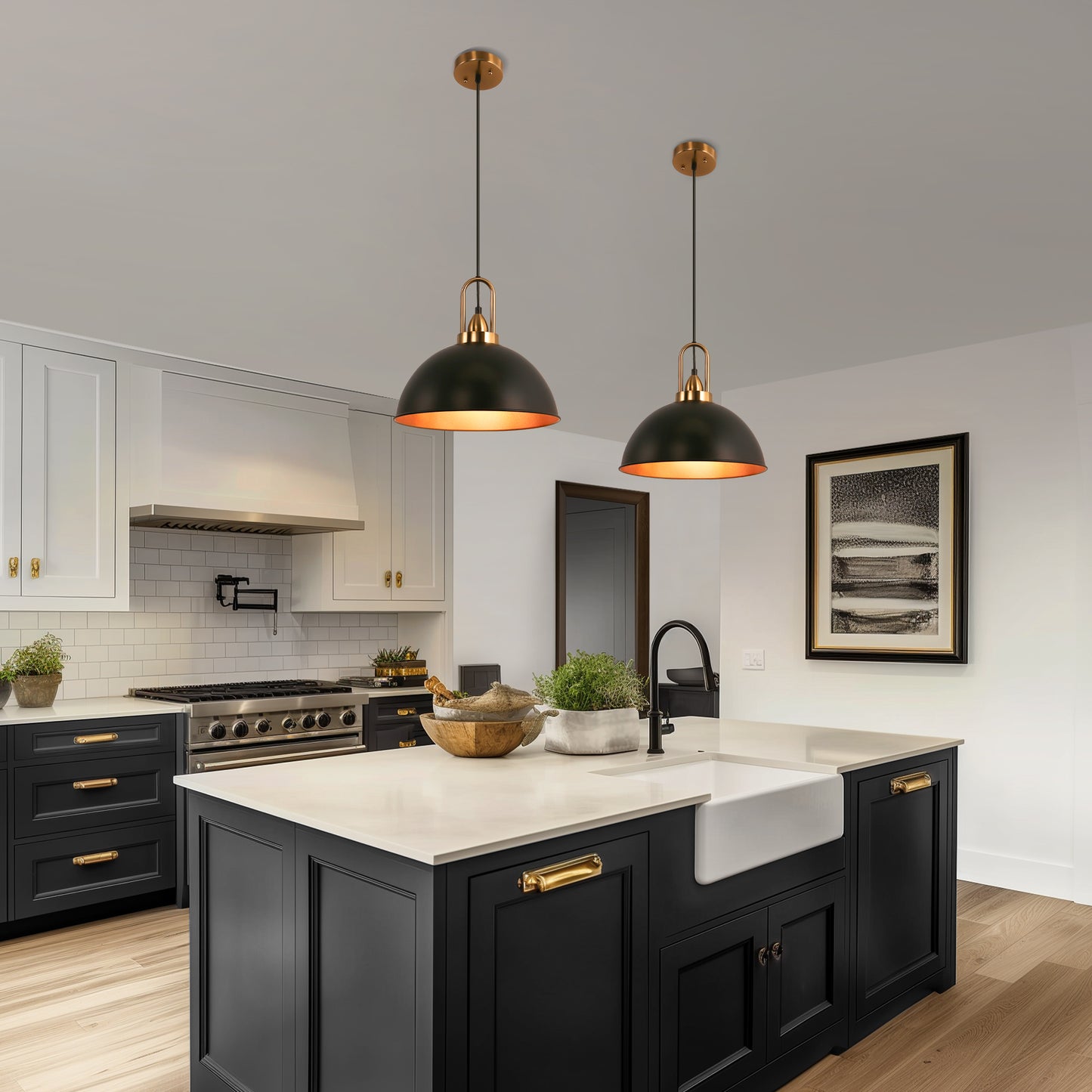YANSUN 14 in. (2-Pack) 1-Light Farmhouse Black and Gold Pendant Lights with Bowl Shade E26 for Kitchen Island No Bulbs Included