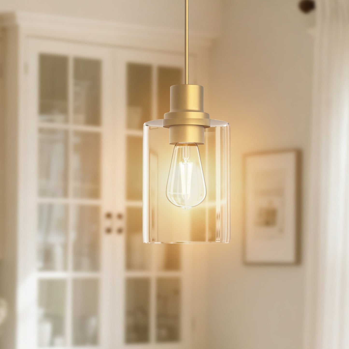 YANSUN Single-Light Cylinder Pendant with Clear Glass Shade, Brushed Copper Finish, Minimalist Design, Adjustable Hanging