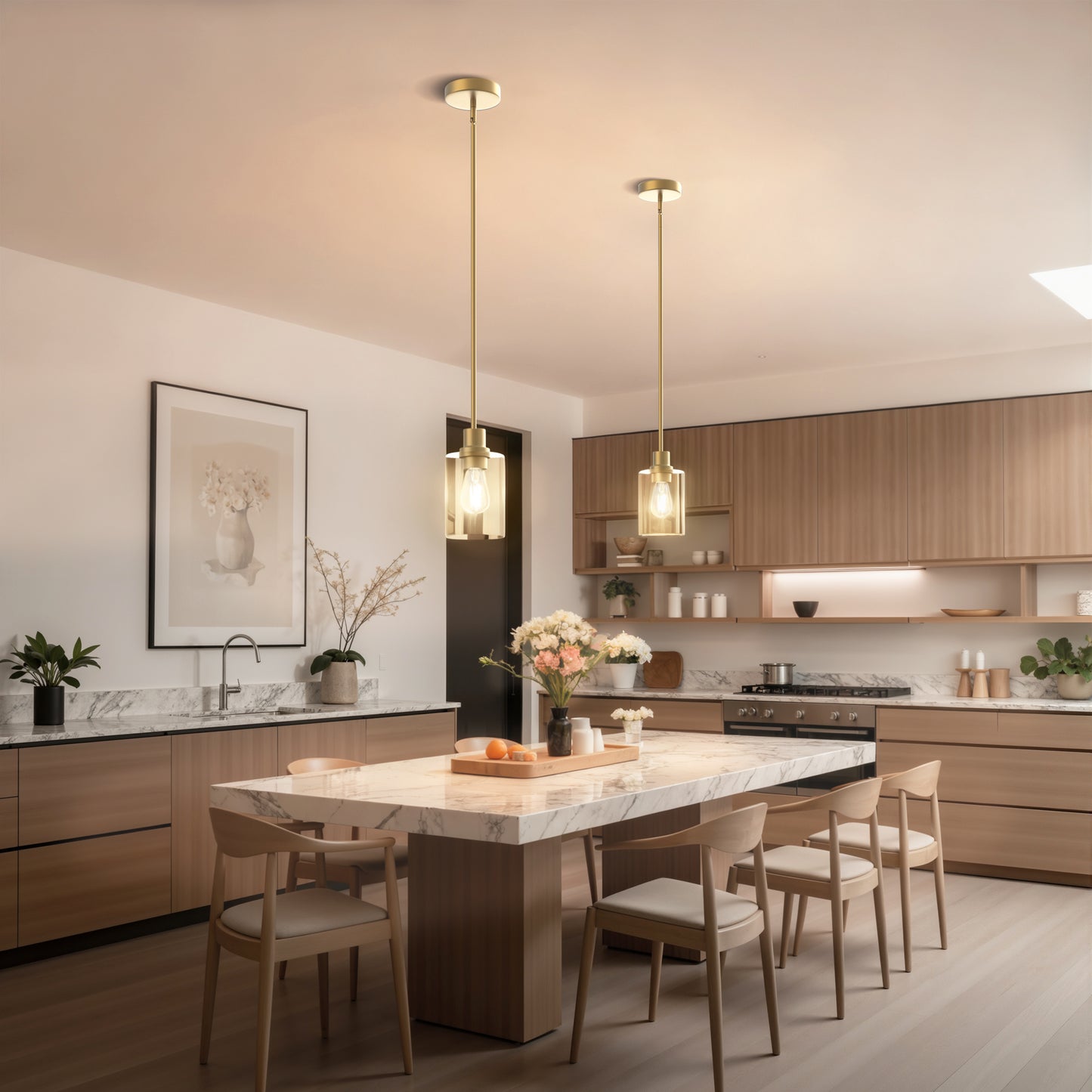 YANSUN Single-Light Cylinder Pendant with Clear Glass Shade, Brushed Copper Finish, Minimalist Design, Adjustable Hanging