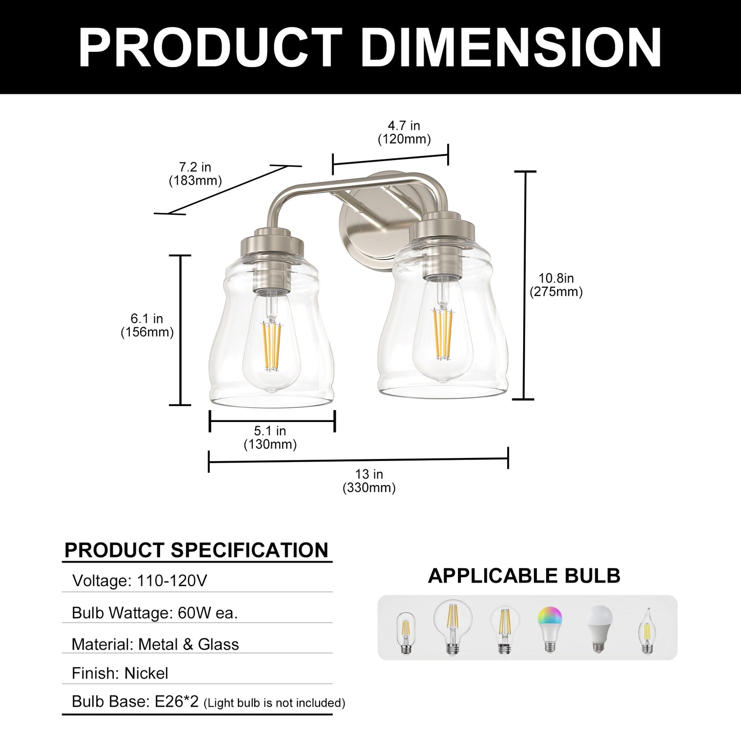 YANSUN 13 in. 2-Light Modern Nickel Bell Vanity Light Bathroom Fixture with Clear Glass Shade for Bathroom Mirror or Dressing