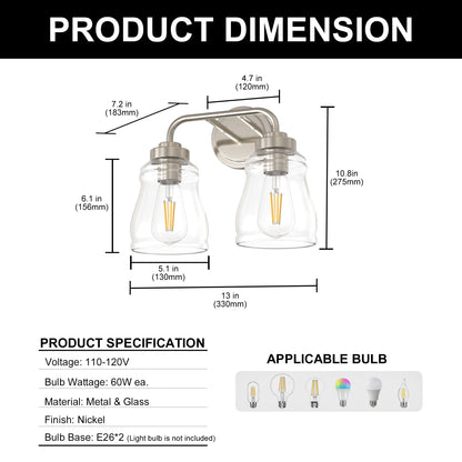 YANSUN 13 in. 2-Light Modern Nickel Bell Vanity Light Bathroom Fixture with Clear Glass Shade for Bathroom Mirror or Dressing
