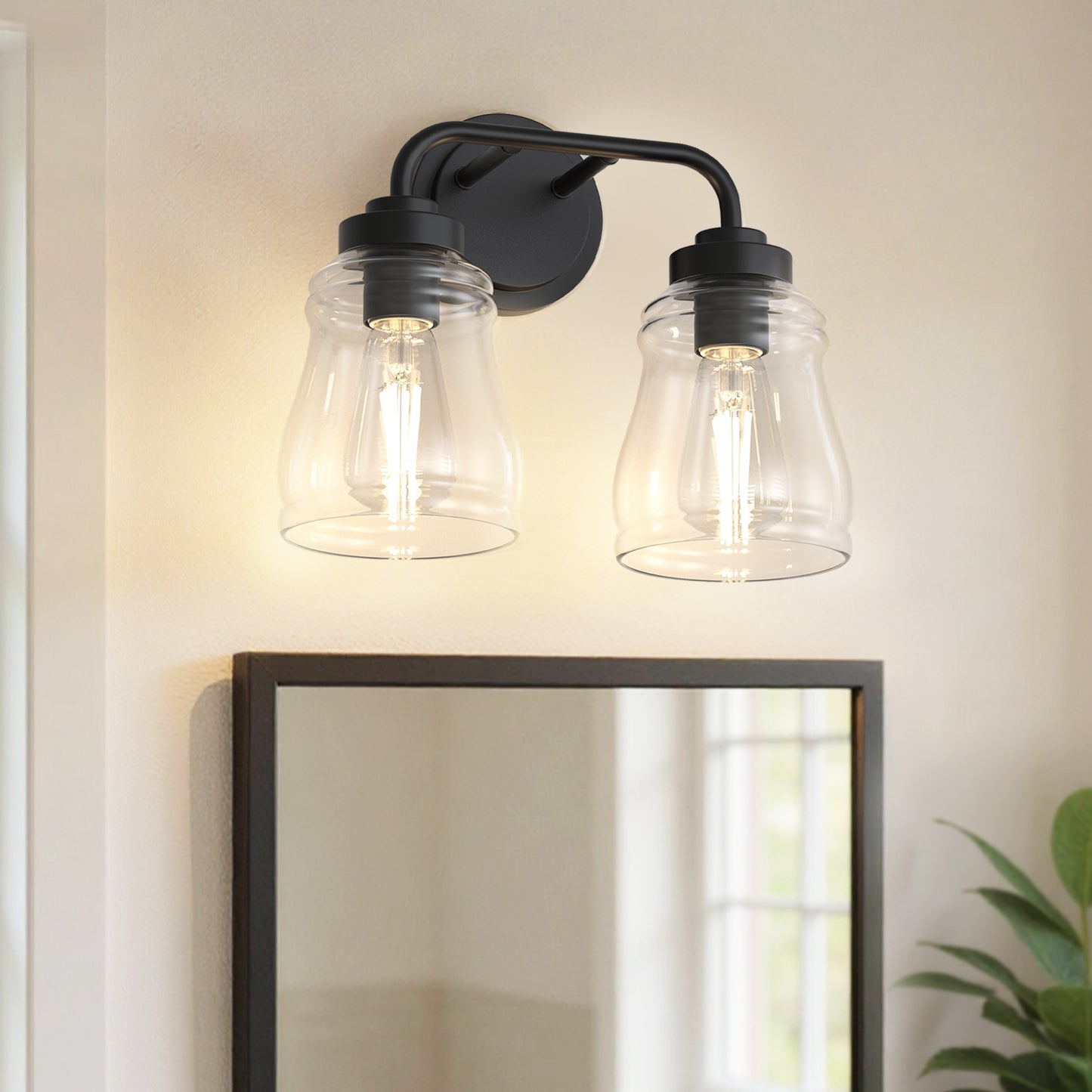 YANSUN 13 in. 2-Light Modern Black Bell Vanity Light Bathroom Fixture with Clear Glass Shade for Bathroom Mirror or Dressing