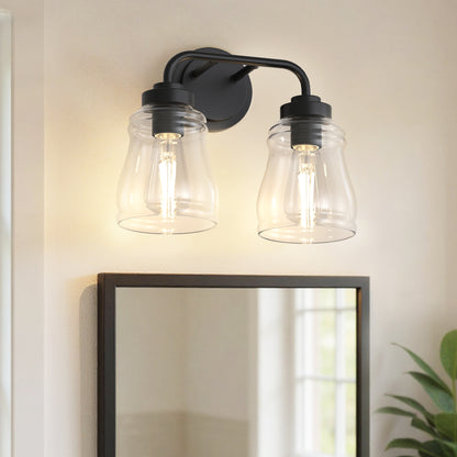 YANSUN 13 in. 2-Light Modern Black Bell Vanity Light Bathroom Fixture with Clear Glass Shade for Bathroom Mirror or Dressing