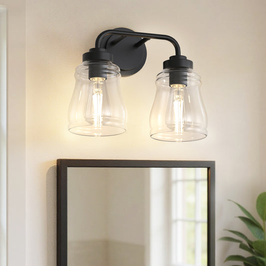 YANSUN 13 in. 2-Light Modern Black Bell Vanity Light Bathroom Fixture with Clear Glass Shade for Bathroom Mirror or Dressing