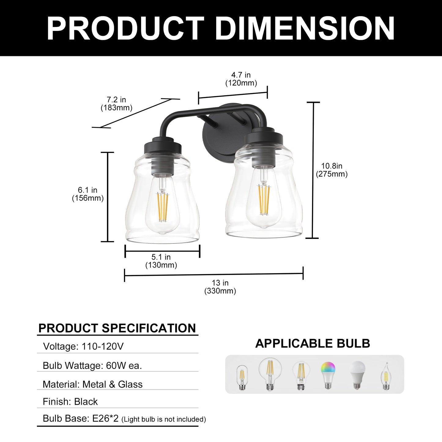 YANSUN 13 in. 2-Light Modern Black Bell Vanity Light Bathroom Fixture with Clear Glass Shade for Bathroom Mirror or Dressing