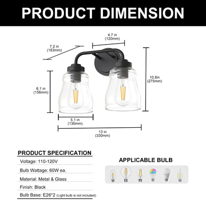YANSUN 13 in. 2-Light Modern Black Bell Vanity Light Bathroom Fixture with Clear Glass Shade for Bathroom Mirror or Dressing
