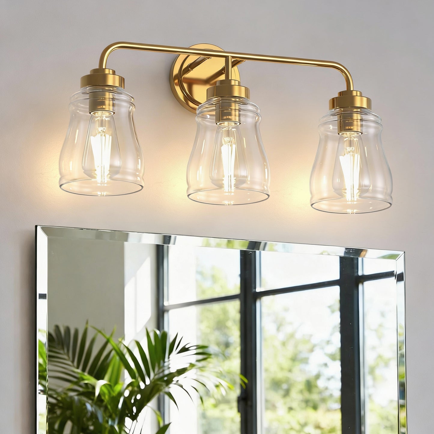 YANSUN 22 in. 3-Light Modern Gold Bell Vanity Light Bathroom Fixture with Clear Glass Shade for Bathroom Mirror or Dressing